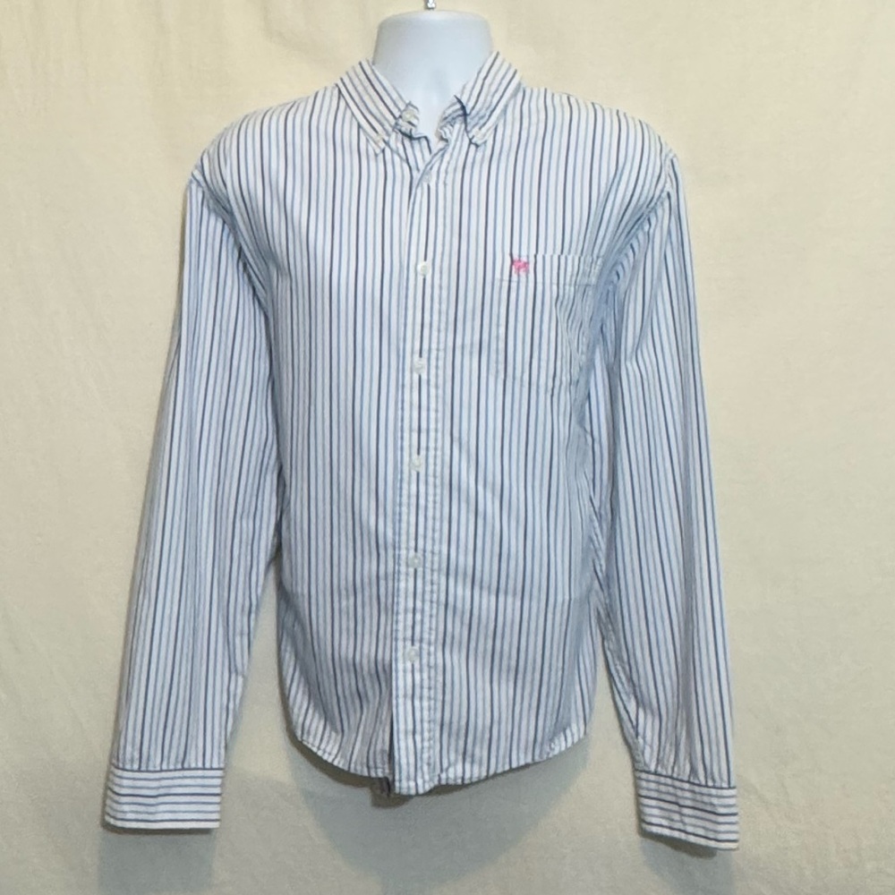 C-196 Men’s Aeropostale White & Blue Stripe Button Down‎ Dress Shirt Size L